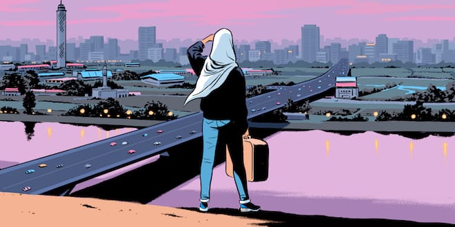 An illustration of a woman with a suitcase in a hijab looking at a city.