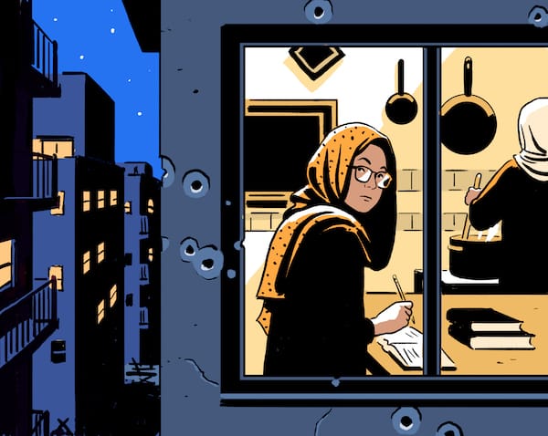 An illustration of a woman in a hijab looking out of a city window.