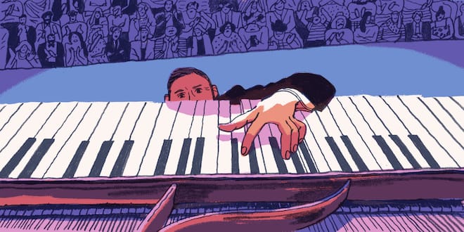 A fallen pianist on stage climbs to play with one hand.