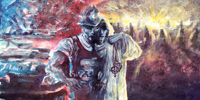 A painting of a cop/druid figure with a cop car one side and stone circle on the other