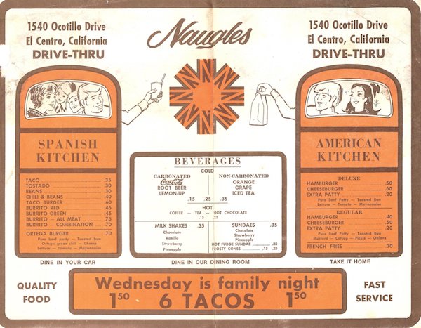 A menu featuring a 'Spanish Kitchen' and 'American Kitchen' menu. There's a special for 6 tacos for $1.50 on Wednesdays.