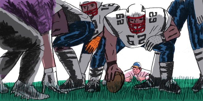 An illustration where a man checks the grass lawn carefully behind football players