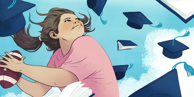 An girl prepares to throw a football among graduation hats and books.