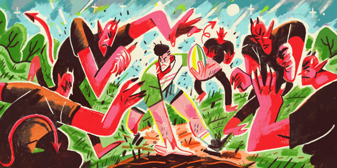 An illustration of a rugby player surrounded by members of the other team.