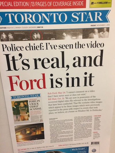 Newspaper with headline: 'Police chief: I've seen the video, It's real, and Ford is in it.'