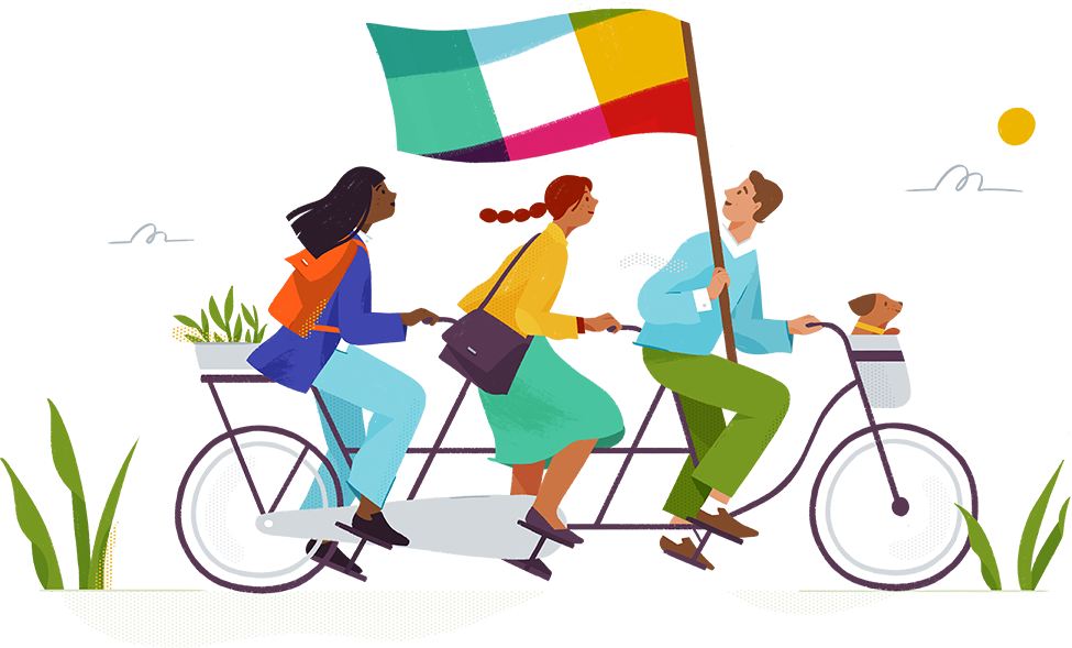 Illustration of three people riding on a tandem bicycle with a dog in the front basket.