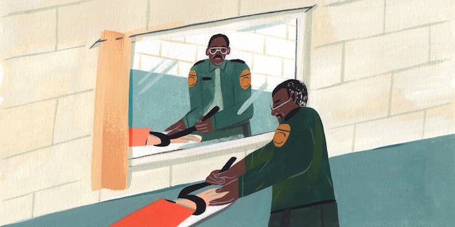An illustration of a prison guard looking at his reflection while adjusting a table strap across a prisoner's wrist.