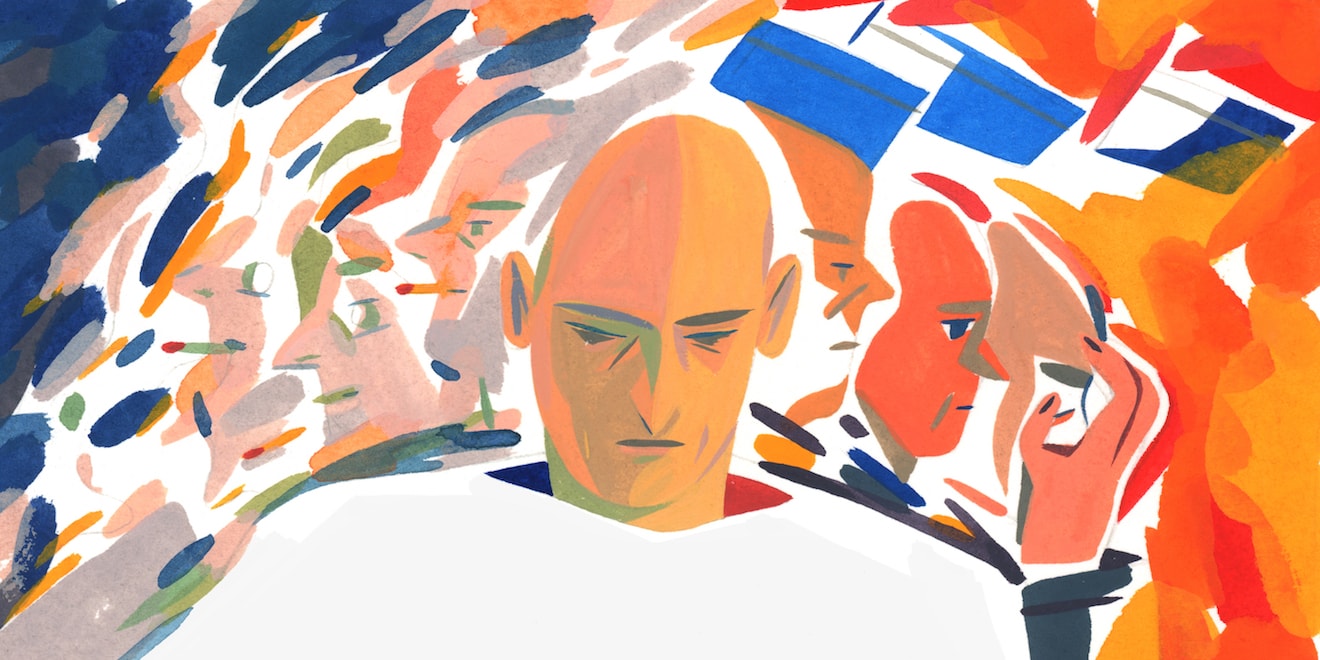 An illustration of a pensive man with a range of emotions behind him.