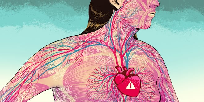 A woman's heart with an computer warning symbol on it