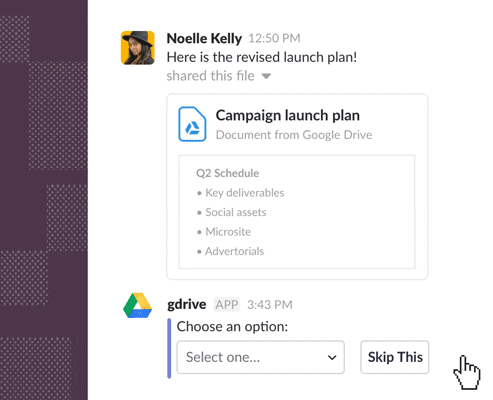 Example of Google Drive app used in a Slack workspace