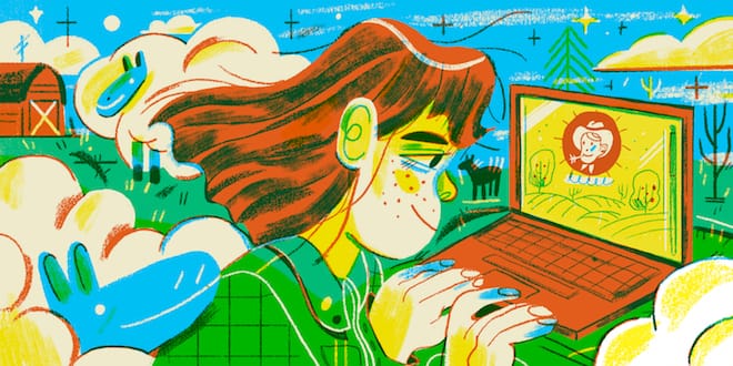 A woman looking at farmers on a laptop with a farm in the background.