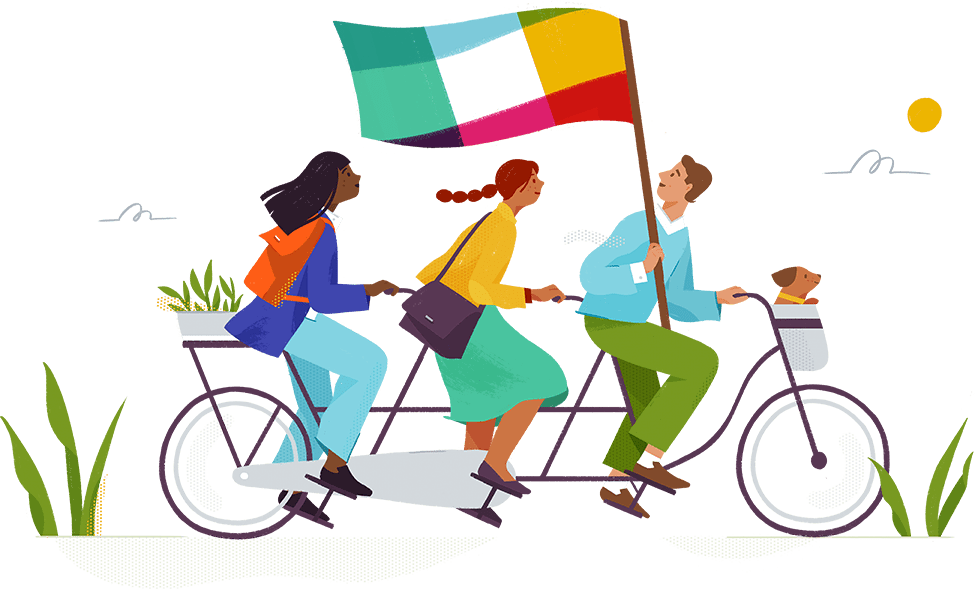 Illustration of three people riding on a tandem bicycle with a dog in the front basket.