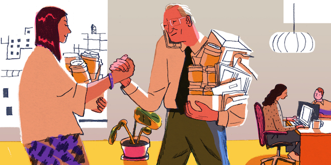 An older retiree gives a youthful handshake to his fellow younger intern.