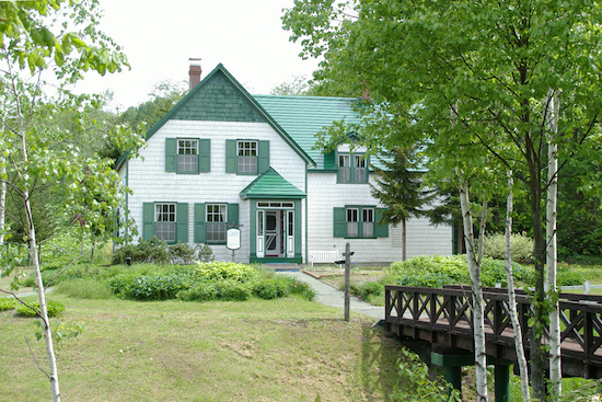 A picture of a quaint green and white house.